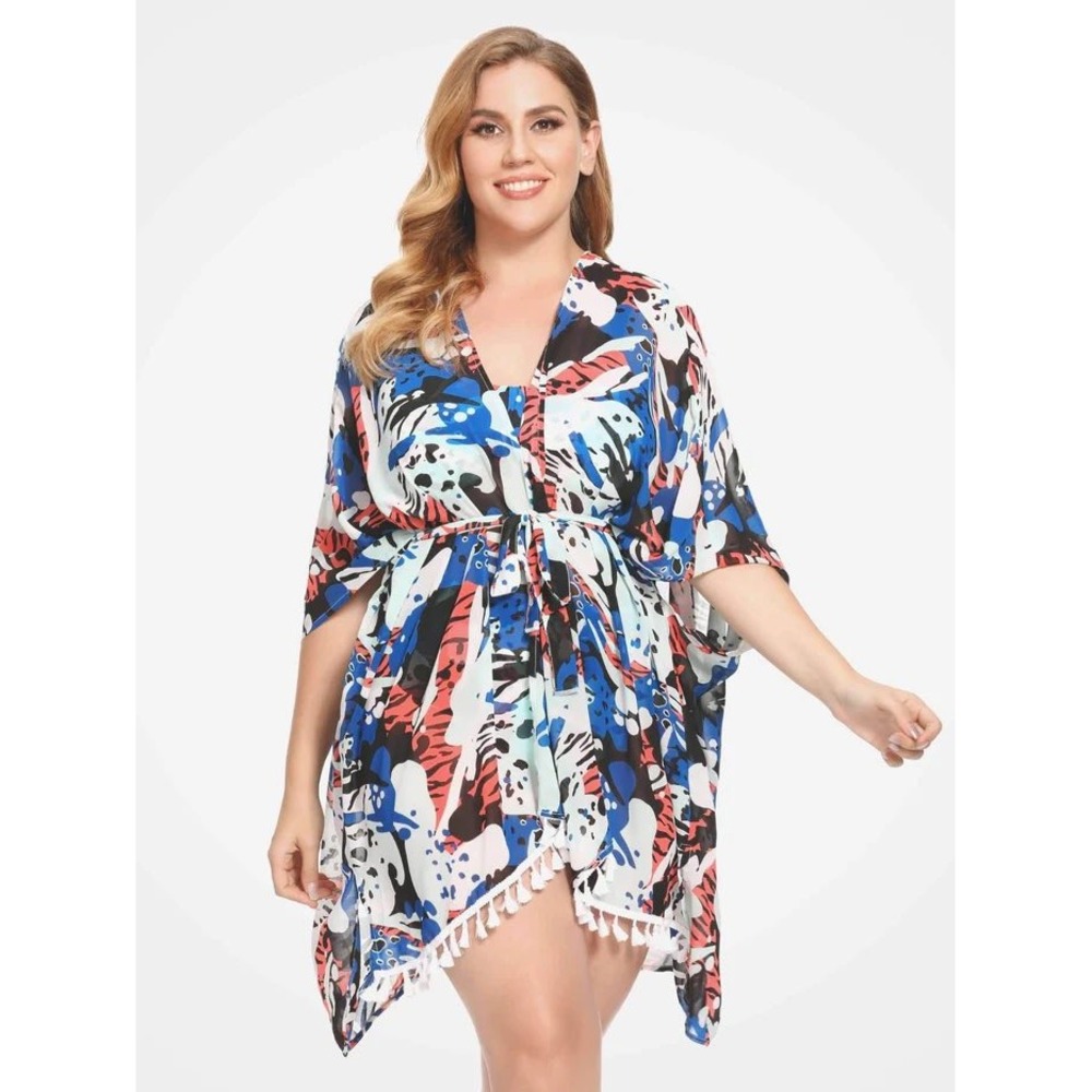 As Rose Rich Kimono Swim Cover Up Mint Coral Floral Tassel‎ Fringe Wrap NEW